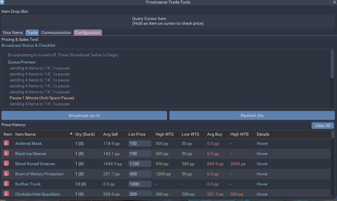 Trade List Configuration