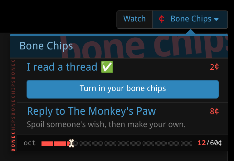 The Bone Chips menu open under its button at the top of a thread, with a quest ready to turn in