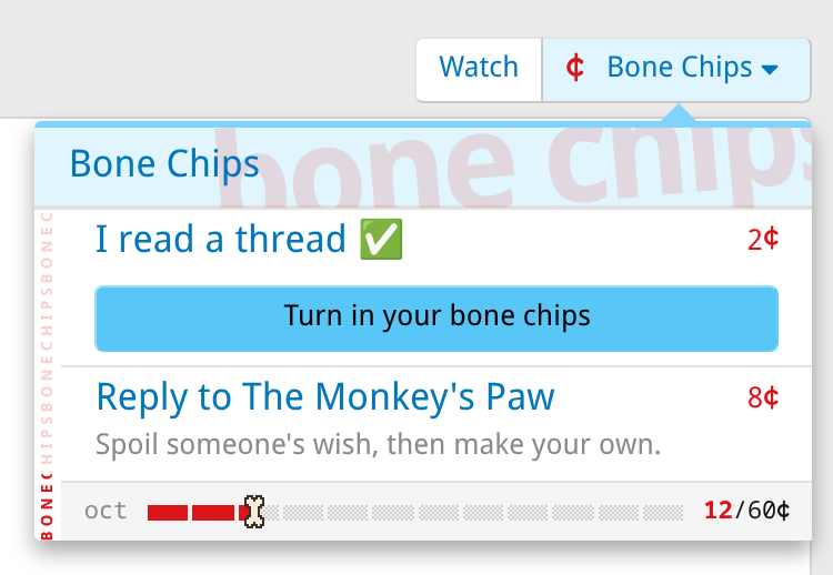 The Bone Chips menu open under its button at the top of a thread, with a quest ready to turn in